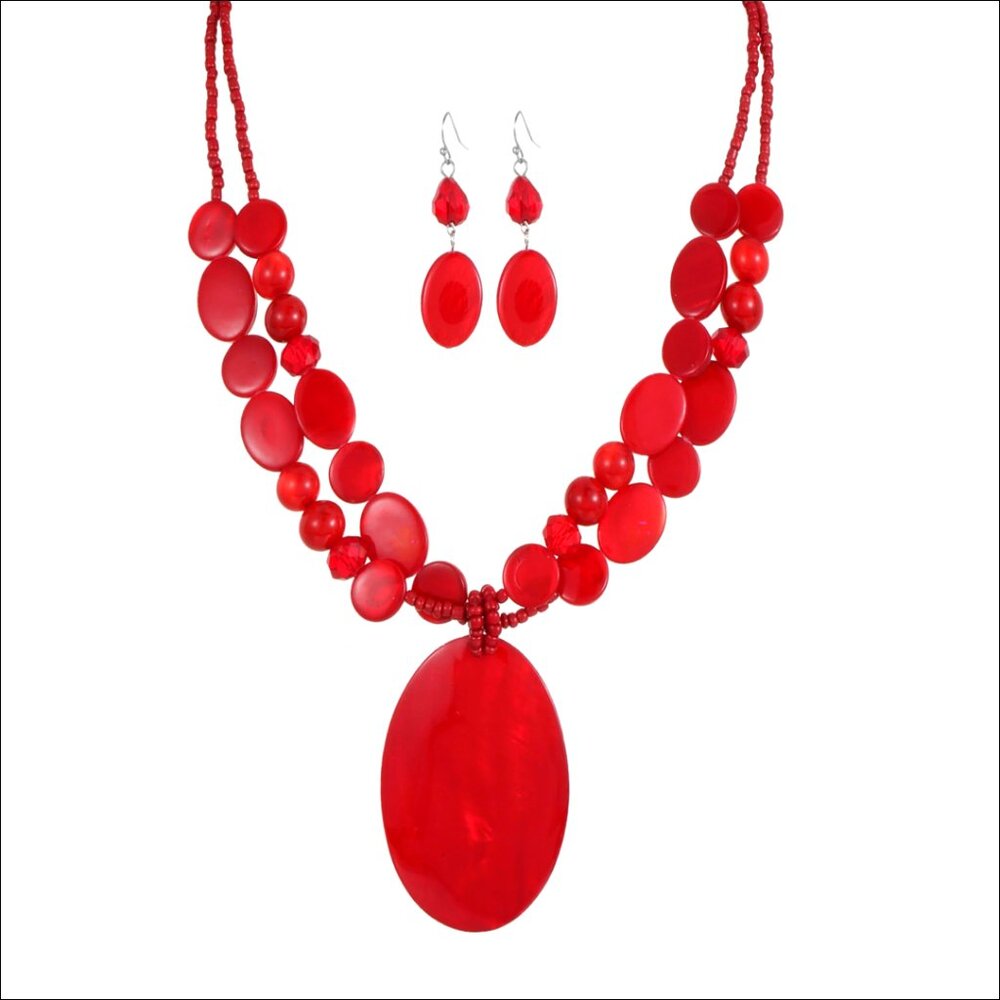 Shell Pendant Statement Necklace and Earrings Set with Glass Beads